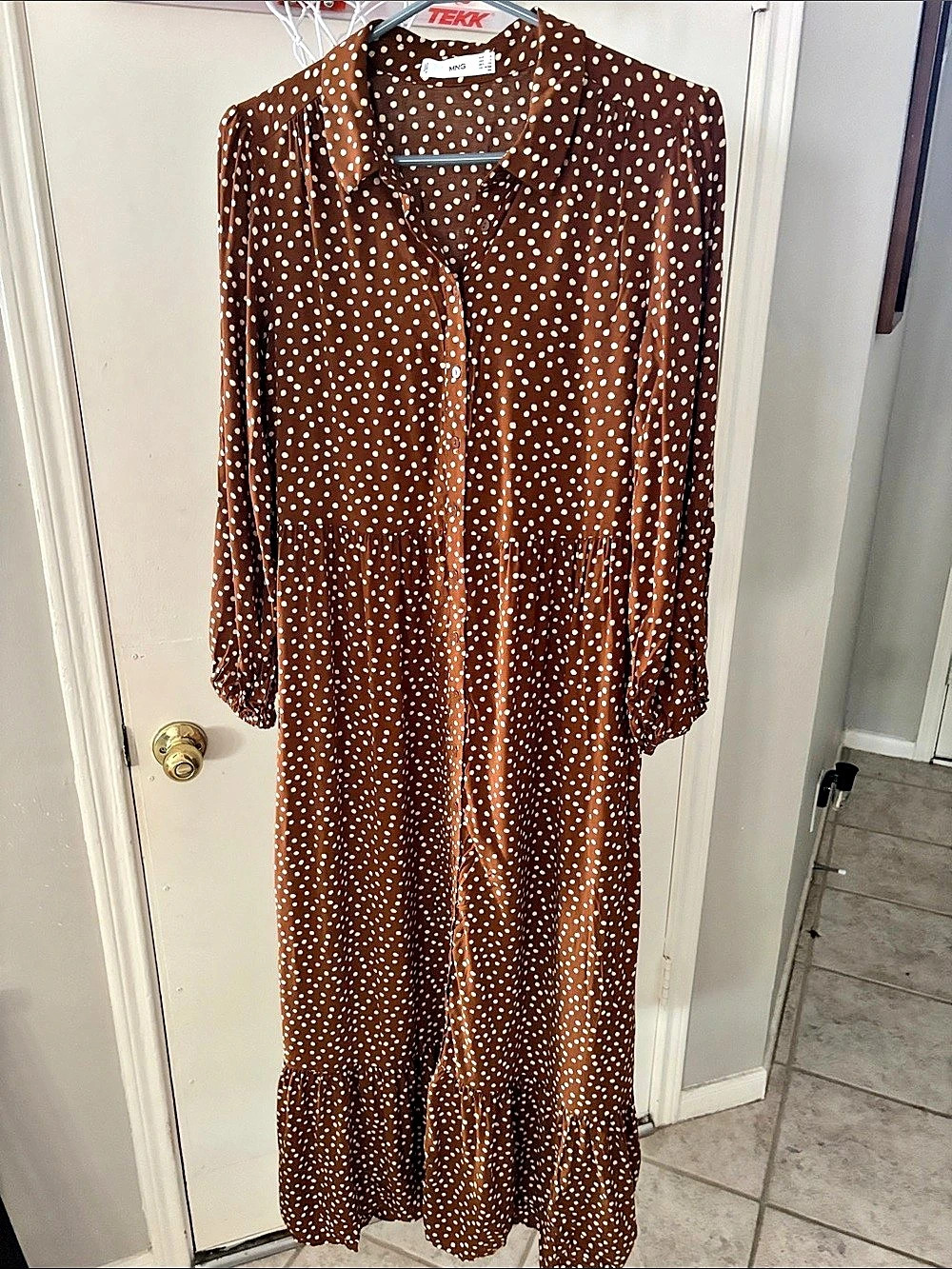 MNG by Mango Polka Dot Maxi Dress Brown & White Small Like New